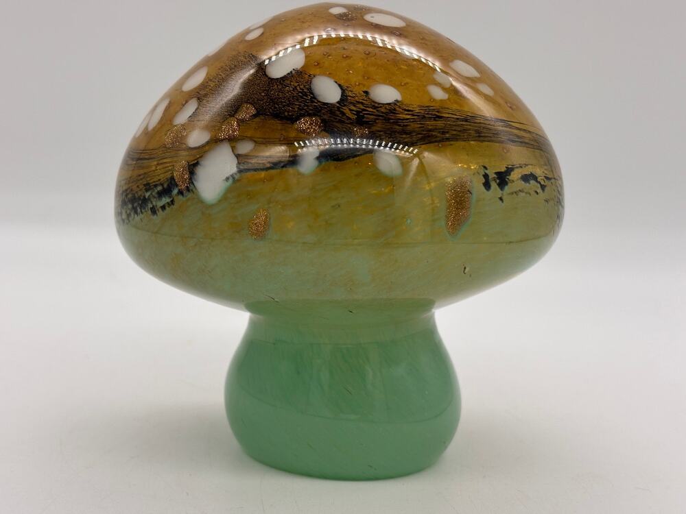 Blown Art Glass Mushroom. Sea foam green, gold, white and black.